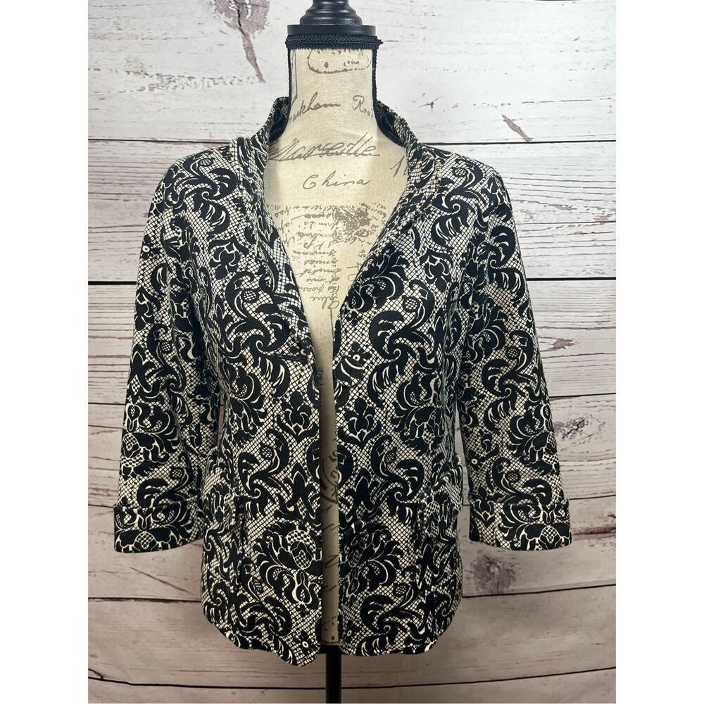 Talbots Blazer Jacket Black White Damask Print 3/4 Sleeve Size 4